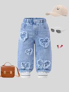 SHEIN Playful Pals Baby Girl Denim Casual Cute Vintage Urban Light Wash Fully Elastic Waist Heart Patch Embroidered Wide Legs Streetwear Zippered Pants Blue And White - Light Wash - View 6