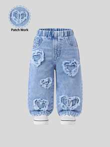 SHEIN Playful Pals Baby Girl Denim Casual Cute Vintage Urban Light Wash Fully Elastic Waist Heart Patch Embroidered Wide Legs Streetwear Zippered Pants Blue And White - Light Wash - View 2