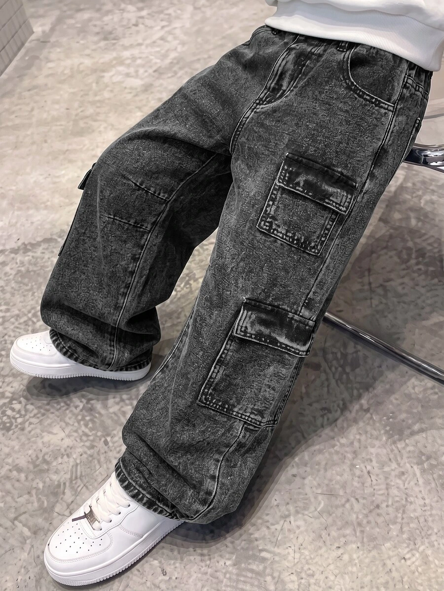SHEIN Tween Boys' Denim Long Pants, Summer, Soft, Cotton, Casual Streetwear, Cargo Multi-Pocket Design, Loose Straight Leg, Grey Washed, Holiday School - Black - View 1