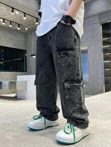 SHEIN Tween Boys' Denim Long Pants, Summer, Soft, Cotton, Casual Streetwear, Cargo Multi-Pocket Design, Loose Straight Leg, Grey Washed, Holiday School - Black - View 2