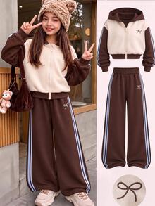 SHEIN Genkimix Kids 2 Piece/Set Girls Toddler Spring Fall Coffee & Cream Colorblock Casual Sporty Sweatshirt Knit Set Bow Embroidery Hooded Zip-Up Jacket And Side Double - Multicolor - View 1