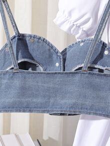 SHEIN 秋季女童兩件套，丹寧短版吊帶背心、短袖襯衫洋裝，心形包包，可愛學院風優雅校園風，白色海軍藍 - 白色 - 查看 8