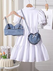 SHEIN 秋季女童兩件套，丹寧短版吊帶背心、短袖襯衫洋裝，心形包包，可愛學院風優雅校園風，白色海軍藍 - 白色 - 查看 2