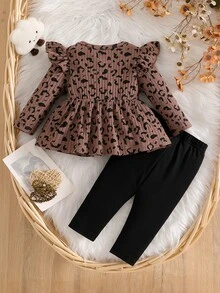 SHEIN Newborn Spring/Autumn Black And White Leopard Print Heart Print Top With Bow Knot Decor Pure Black Long Pants 2 Pieces Set Suitable For Outings, Sports - Coffee Brown - View 3