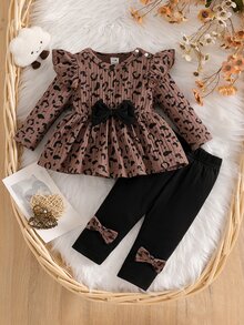 SHEIN Newborn Spring/Autumn Black And White Leopard Print Heart Print Top With Bow Knot Decor Pure Black Long Pants 2 Pieces Set Suitable For Outings, Sports - Coffee Brown - View 5