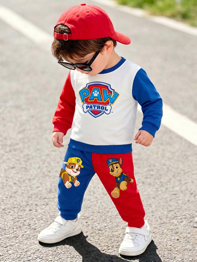 SHEIN | PAW Patrol Baby Boy Colorblock Long Sleeve Cartoon Print Sweatshirt + Colorblock Elastic Waist Cuffed Sweatpants With Little Pebble & Archie Pattern, Casual Daily Outfit