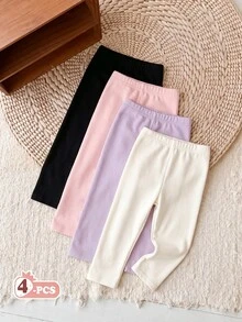 SHEIN 女嬰 4件組純色彈性腰長褲/緊身褲套裝，嬰兒下著，秋季居家簡約款，黑色、淺粉色、馬卡龍白 - 彩色 - 查看 4