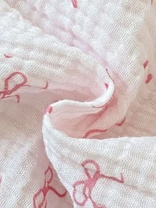 SHEIN Playful Pals 1件新生女嬰0M-6M粉色蝴蝶結印花連身衣，附荷葉邊與鈕扣裝飾，長袖輕量連身套裝，日常穿著，春秋款 - 粉色 - 查看 5