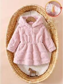 SHEIN Baby Girls Casual Cute Fun Warm Thick Fleece Hooded Dress, Suitable For Autumn/Winter Outings - Pink - View 3