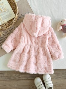 SHEIN Baby Girls Casual Cute Fun Warm Thick Fleece Hooded Dress, Suitable For Autumn/Winter Outings - Pink - View 2