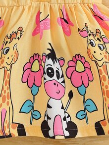 SHEIN Playful Pals 1件女嬰無袖牛仔風鈕扣領卡通動物印花休閒陽光裙 夏季秋季 - 黃色 - 查看 9