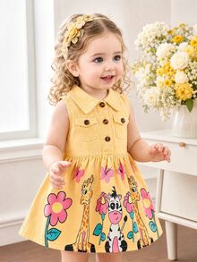 SHEIN Playful Pals 1件女嬰無袖牛仔風鈕扣領卡通動物印花休閒陽光裙 夏季秋季 - 黃色 - 查看 4