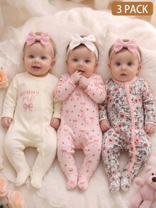 SHEIN 3pcs Newborn Baby Girl Jumpsuit Set Daily Casual Multicolor Floral Heart Print Long Sleeve Snap Up Multi Pack Soft Regular Thickness Autumn Winter - Multicolor - View 4
