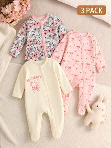 SHEIN 3pcs Newborn Baby Girl Jumpsuit Set Daily Casual Multicolor Floral Heart Print Long Sleeve Snap Up Multi Pack Soft Regular Thickness Autumn Winter - Multicolor - View 2