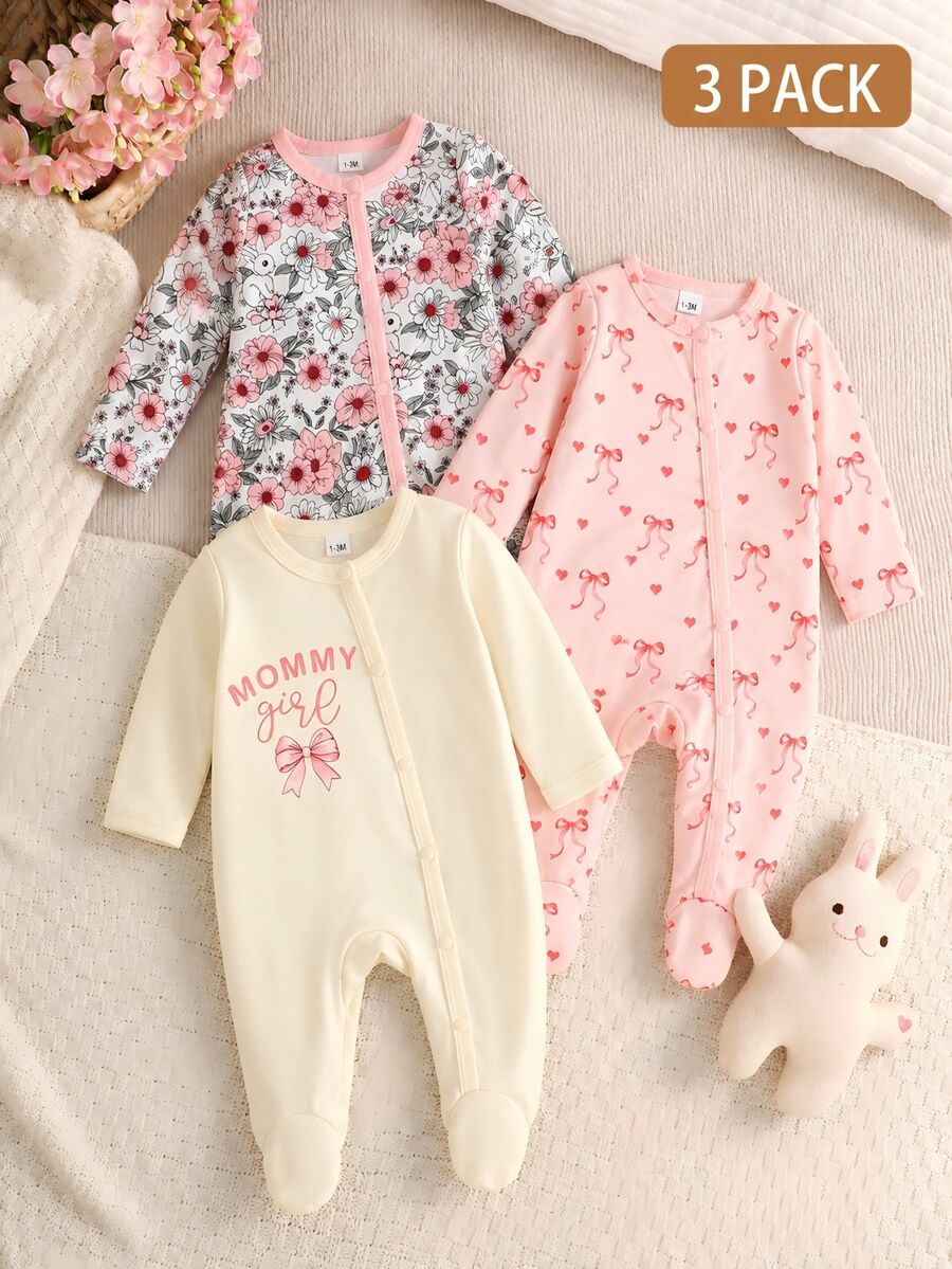 SHEIN 3pcs Newborn Baby Girl Jumpsuit Set Daily Casual Multicolor Floral Heart Print Long Sleeve Snap Up Multi Pack Soft Regular Thickness Autumn Winter