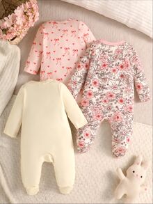 SHEIN 3pcs Newborn Baby Girl Jumpsuit Set Daily Casual Multicolor Floral Heart Print Long Sleeve Snap Up Multi Pack Soft Regular Thickness Autumn Winter - Multicolor - View 3