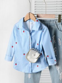 SHEIN 女童秋季藍色草莓襯衫，仙女牛仔風運動西式風格，日常穿著、生日、新娘、婚禮、外出、校園 - 藍色 - 查看 4