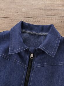 Elladie kids Jaket Anak Perempuan Musim Gugur Anti Kerut dengan Kerah Efek Denim, Jaket Kasual Pendek Warna Biru Kabut dengan Resleting dan Manset Bergaris Kontras - Biru - View 5