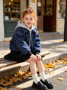 Elladie kids Jaket Anak Perempuan Musim Gugur Anti Kerut dengan Kerah Efek Denim, Jaket Kasual Pendek Warna Biru Kabut dengan Resleting dan Manset Bergaris Kontras - Biru - View 1