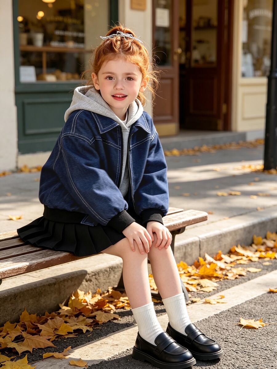 Elladie kids Jaket Anak Perempuan Musim Gugur Anti Kerut dengan Kerah Efek Denim, Jaket Kasual Pendek Warna Biru Kabut dengan Resleting dan Manset Bergaris Kontras - Biru - View 1