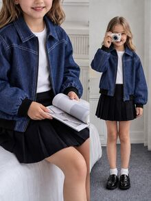 Elladie kids Jaket Anak Perempuan Musim Gugur Anti Kerut dengan Kerah Efek Denim, Jaket Kasual Pendek Warna Biru Kabut dengan Resleting dan Manset Bergaris Kontras - Biru - View 3