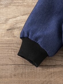Elladie kids Jaket Anak Perempuan Musim Gugur Anti Kerut dengan Kerah Efek Denim, Jaket Kasual Pendek Warna Biru Kabut dengan Resleting dan Manset Bergaris Kontras - Biru - View 6