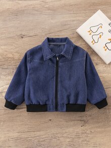 Elladie kids Jaket Anak Perempuan Musim Gugur Anti Kerut dengan Kerah Efek Denim, Jaket Kasual Pendek Warna Biru Kabut dengan Resleting dan Manset Bergaris Kontras - Biru - View 8