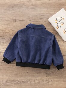 Elladie kids Jaket Anak Perempuan Musim Gugur Anti Kerut dengan Kerah Efek Denim, Jaket Kasual Pendek Warna Biru Kabut dengan Resleting dan Manset Bergaris Kontras - Biru - View 2