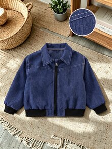 Elladie kids Jaket Anak Perempuan Musim Gugur Anti Kerut dengan Kerah Efek Denim, Jaket Kasual Pendek Warna Biru Kabut dengan Resleting dan Manset Bergaris Kontras - Biru - View 4