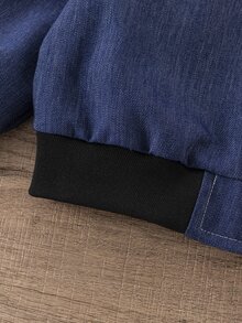 Elladie kids Jaket Anak Perempuan Musim Gugur Anti Kerut dengan Kerah Efek Denim, Jaket Kasual Pendek Warna Biru Kabut dengan Resleting dan Manset Bergaris Kontras - Biru - View 7