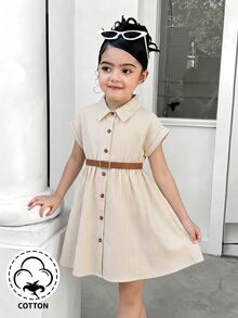 Elladie kids 女童白色純棉條紋襯衫洋裝，附時尚腰帶，秋季度假寬鬆落肩前排扣正式公主仙女風 7 歲生日禮服 - 杏色 - 查看 5