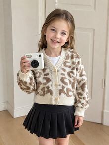Back-To-School Leopard Print Button-Front Cardigan For School Girl, Autumn Winter Young Girls Knit Sweater Jacket Cute Casual Clothes For Big Girl Toddler - Khaki - View 4