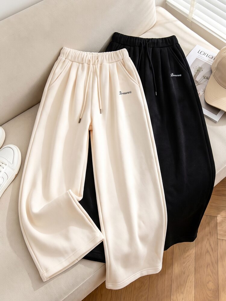 SHEIN Tween Girls Autumn/Winter Two-Piece Set In Black And White,Casual Baggy, Fall Style,Cute Urban Outdoor Sports Gym Knit Straight Leg Sweatpants, - Multicolor - View 4