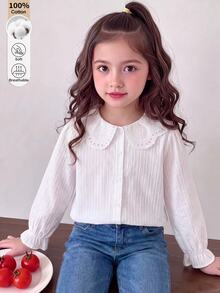 SHEIN Girls' Autumn/Winter Elegant Embroidered Lace Collar Petal Sleeve Princess Long Sleeve Button-Front Single Stripe Casual Fashion Princess Blouse, Suitable For Vacation, Travel, Birthday Party, Gift - White - View 3