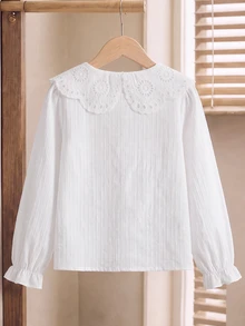 SHEIN Girls' Autumn/Winter Elegant Embroidered Lace Collar Petal Sleeve Princess Long Sleeve Button-Front Single Stripe Casual Fashion Princess Blouse, Suitable For Vacation, Travel, Birthday Party, Gift - White - View 2