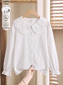 SHEIN Girls' Autumn/Winter Elegant Embroidered Lace Collar Petal Sleeve Princess Long Sleeve Button-Front Single Stripe Casual Fashion Princess Blouse, Suitable For Vacation, Travel, Birthday Party, Gift - White - View 4