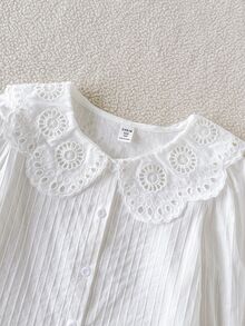 SHEIN Girls' Autumn/Winter Elegant Embroidered Lace Collar Petal Sleeve Princess Long Sleeve Button-Front Single Stripe Casual Fashion Princess Blouse, Suitable For Vacation, Travel, Birthday Party, Gift - White - View 5