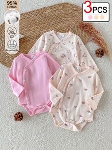 SHEIN 3件組新生兒淺粉色長袖連身衣，0-12個月女嬰柔軟親膚修身內搭連身衣，秋冬款 - 彩色 - 查看 6