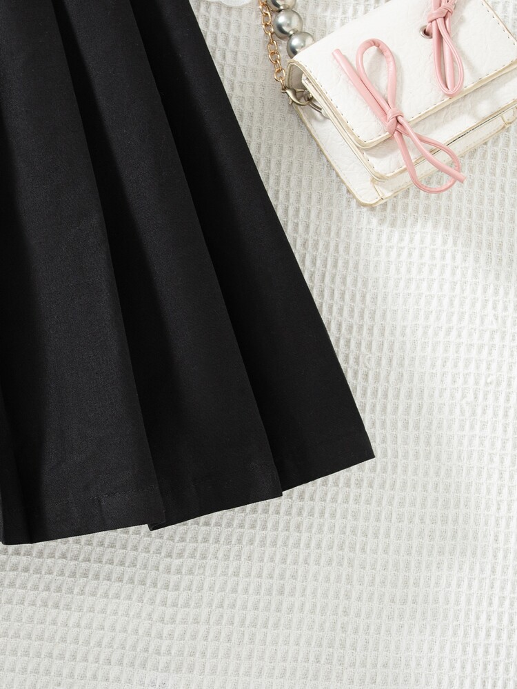 SHEIN Girls' Basic Black Pleated Skirt, Cotton Blend Fabric, Suitable For School, Outings, Play And Daily Wear, Autumn/Winter - Black - View 6