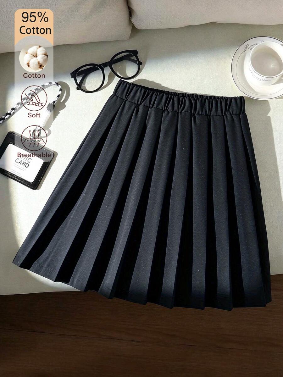 SHEIN 女童基礎款黑色百褶裙，棉混紡面料，適合學校、外出、玩耍與日常穿著，秋冬款