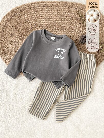SHEIN Playful Pals Baby Boy Autumn/Winter Letter & Smiling Face Print Long Sleeve Pure Cotton T-Shirt + Striped Long Pants Set, Toddler Casual 2 Pieces Outfit For Daily Wear