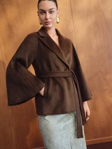 MOTF PREMIUM Mantel jubah wol dua sisi warna hijau zaitun untuk wanita, gaya komuter elegan, musim gugur/musim dingin. - Coffee Brown - View 7