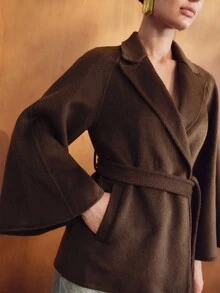 MOTF PREMIUM Mantel jubah wol dua sisi warna hijau zaitun untuk wanita, gaya komuter elegan, musim gugur/musim dingin. - Coffee Brown - View 2