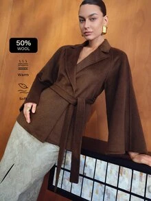 MOTF PREMIUM Mantel jubah wol dua sisi warna hijau zaitun untuk wanita, gaya komuter elegan, musim gugur/musim dingin. - Coffee Brown - View 6