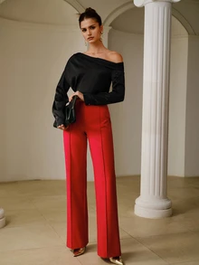 ZEYLAH Fashionable Elegant Commuter High Waist Straight Leg Pants - Red - View 4
