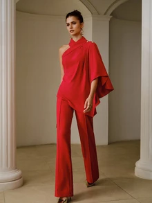 ZEYLAH Fashionable Elegant Commuter High Waist Straight Leg Pants - Red - View 5