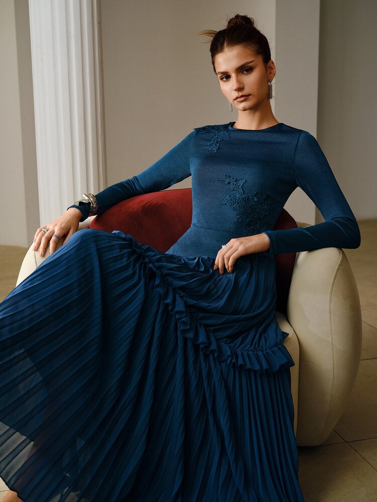 ZEYLAH Women's Solid Color Pleated Elegant Waist-Cinching Party Dress - Teal Blue - View 7