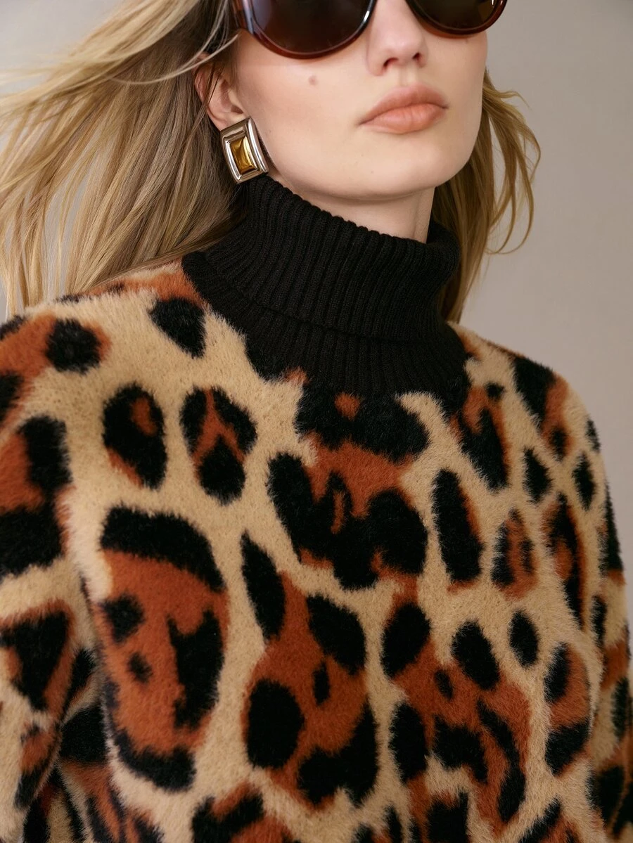 MOTF PREMIUM WOMEN'S LEOPARD PRINT CONTRAST COLOR LOOSE HIGH NECK SWEATER, AUTUMN/WINTER - Multicolor - View 2