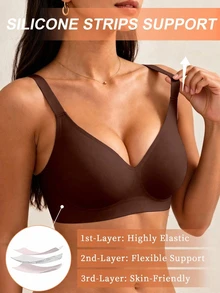 SHEIN 1pc Women's Minimalist Comfortable Seamless Jelly Glue Wireless Bra With Removable Padding - Coffee Brown - View 4