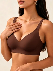 SHEIN 1pc Women's Minimalist Comfortable Seamless Jelly Glue Wireless Bra With Removable Padding - Coffee Brown - View 9